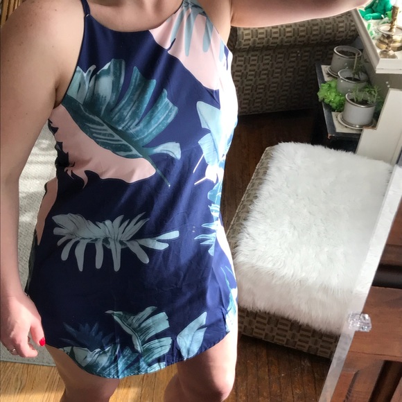 Adorbs Short Blue Palm Floral Vacation Style Dress - Picture 3 of 7